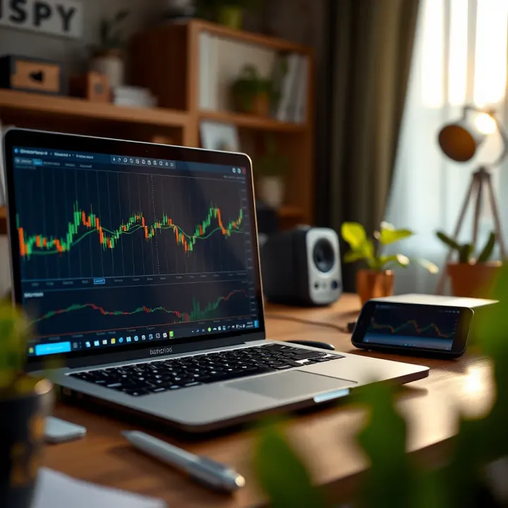 Setting Up a Forex Trading Platform for Beginners Laptop on desk with forex trading platform and financial graphs open, illustrating trading setup
