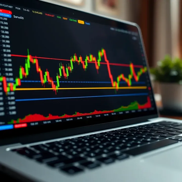 Close-up of a laptop screen displaying a forex trading platform with charts and currency pairs