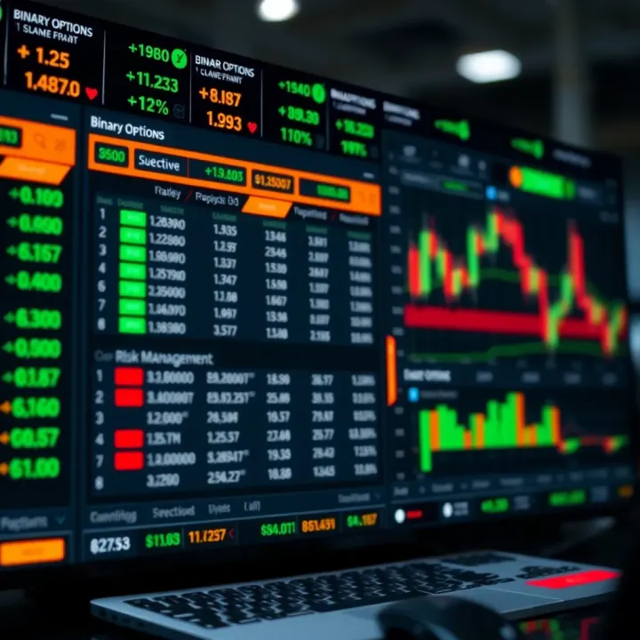 Interface of a digital trading platform showing binary options selections and risk management tools
