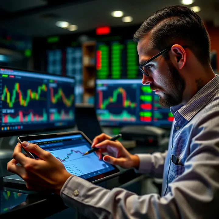 Trader studying forex market data on a digital tablet with notes