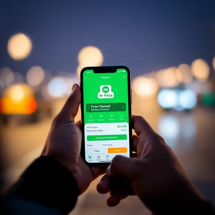 Close-up of hands holding a smartphone showing M-Pesa mobile money transfer app on the screen