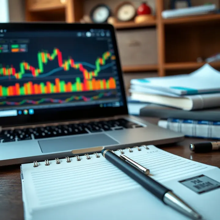 Notebook and pen beside a laptop displaying forex market trends
