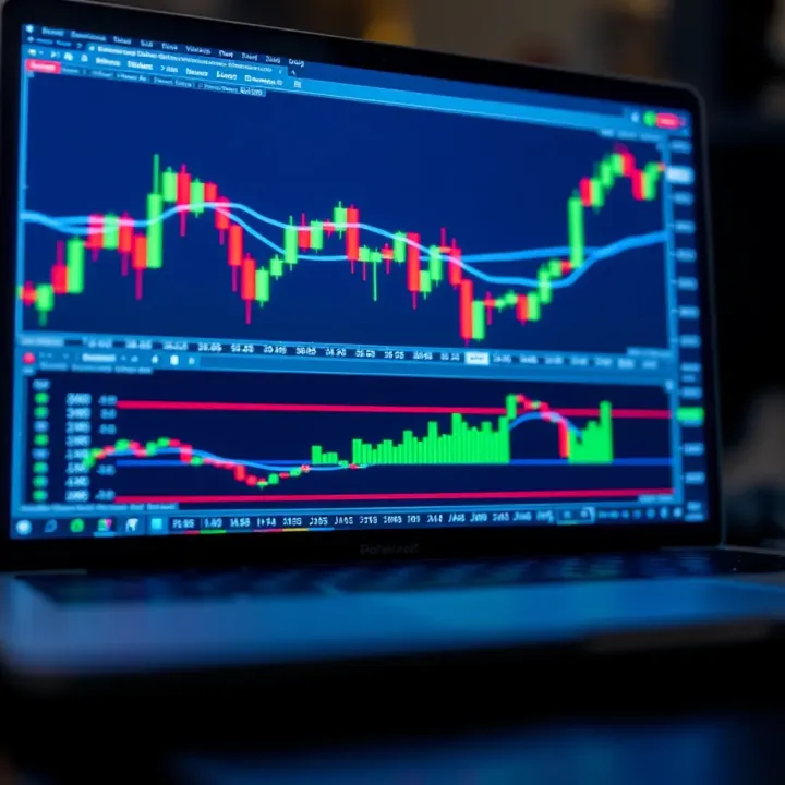 Digital illustration of a forex trading chart on a laptop screen with graphs and candlesticks