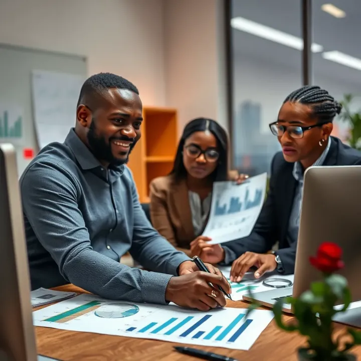 Business team analyzing risk factors with charts and graphs on a desk