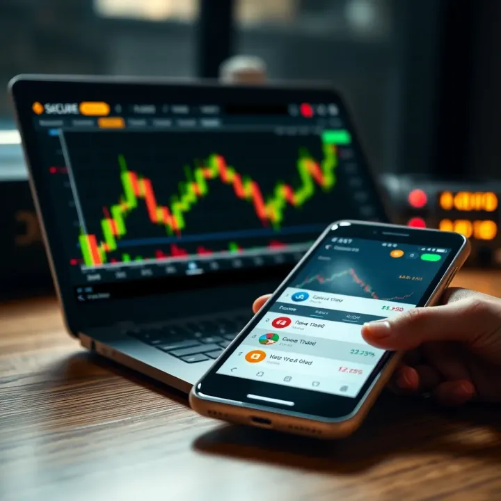 Secure mobile trading platform interface with charts and options
