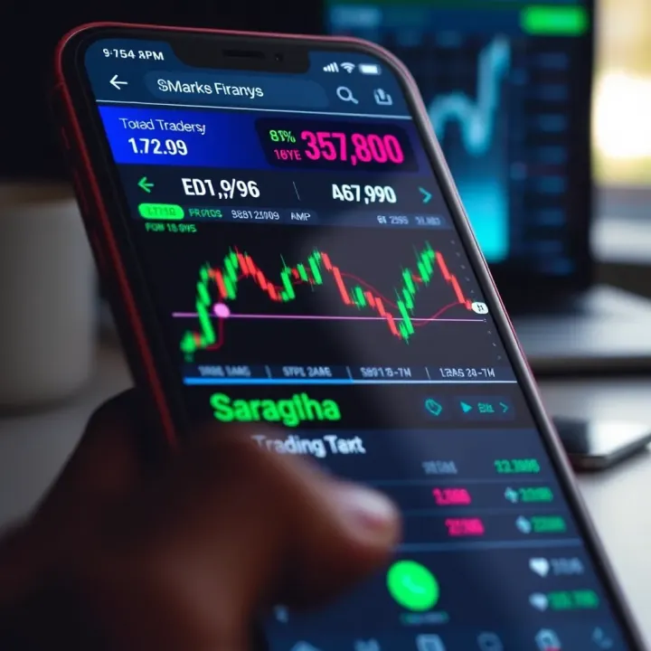 Mobile phone screen displaying a forex trading app interface with currency charts and analytics