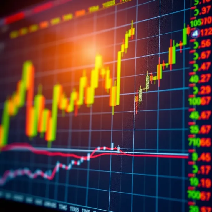 Graph showing automated trading algorithms at work with fluctuating market candlesticks