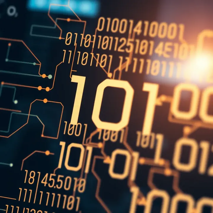 Diagram illustrating the binary number system with zero and one digits connected to digital circuits