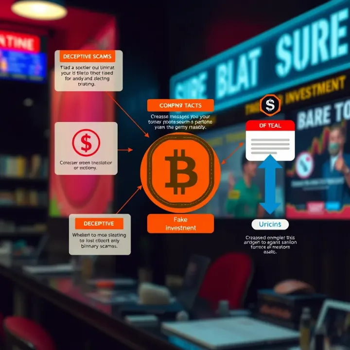 Illustration showing common tactics used in binary scams including deceptive messages and fake investment platforms