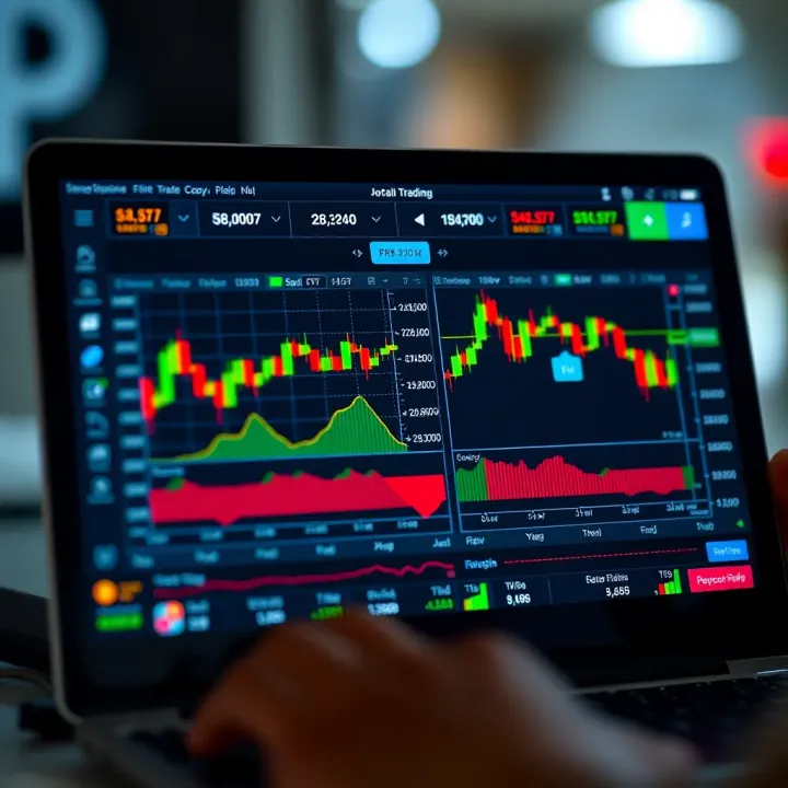 Digital interface showing financial charts and automated trade copying features on a device screen