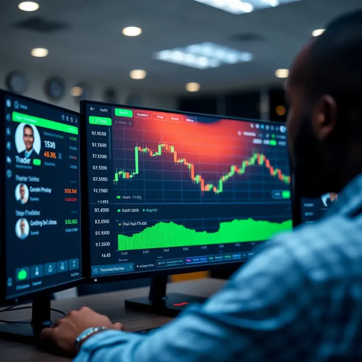 Interface of a copy trading platform displaying trader profiles and live trade replication