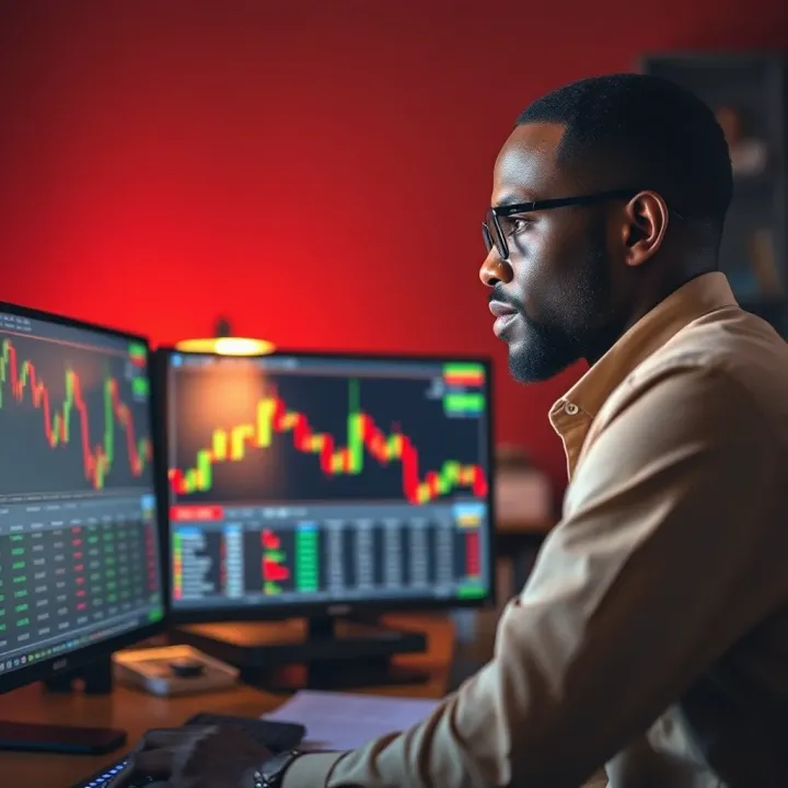 Illustration of a Kenyan investor analyzing different copy trading platforms and market data on a computer