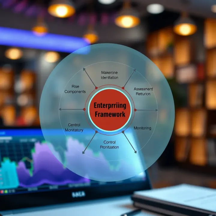 Diagram illustrating core components of an enterprise risk management framework including risk identification, assessment, control, and monitoring