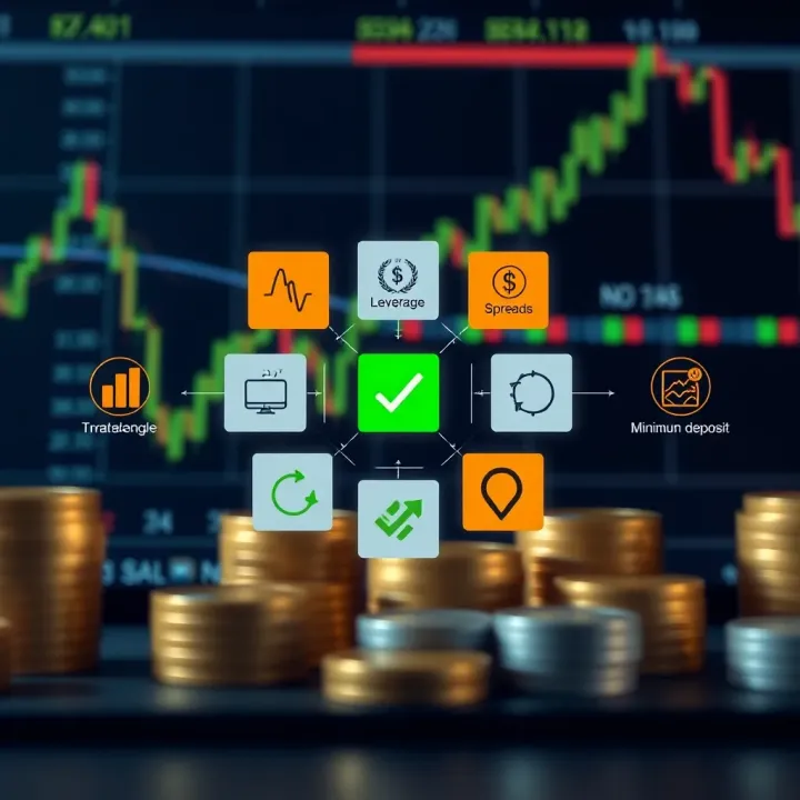 Illustration of various types of forex trading accounts with icons representing features like leverage, spreads, and minimum deposit requirements