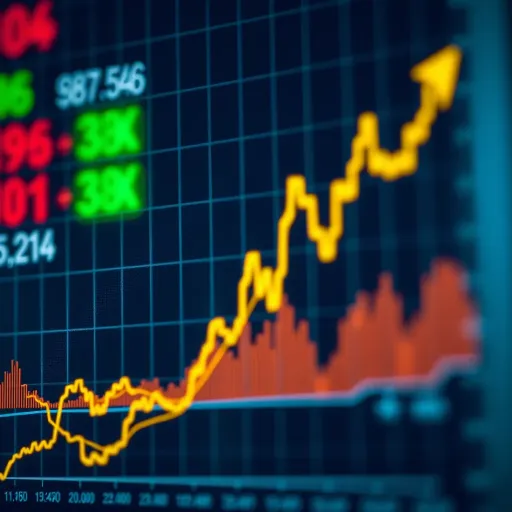 Graph showing currency exchange rate fluctuations with upward and downward trends