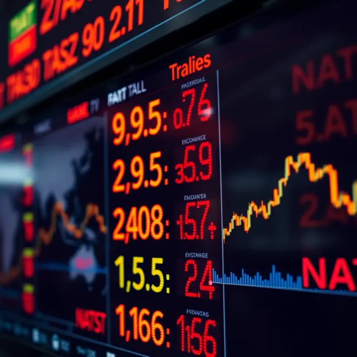 Currency exchange rates displayed on a digital screen reflecting forex market fluctuations