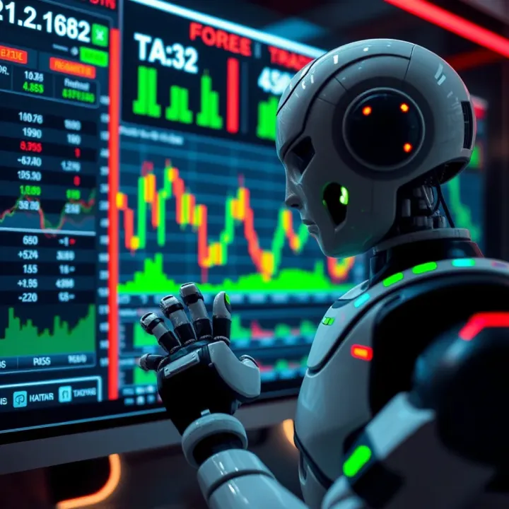 Digital robot analyzing currency charts on a futuristic interface