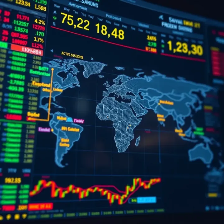 Global forex markets with highlighted active trading sessions across major continents