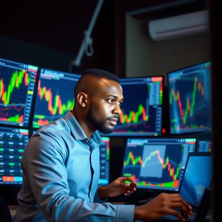 Illustration of Kenyan trader analyzing forex signals on multiple screens with charts and indicators