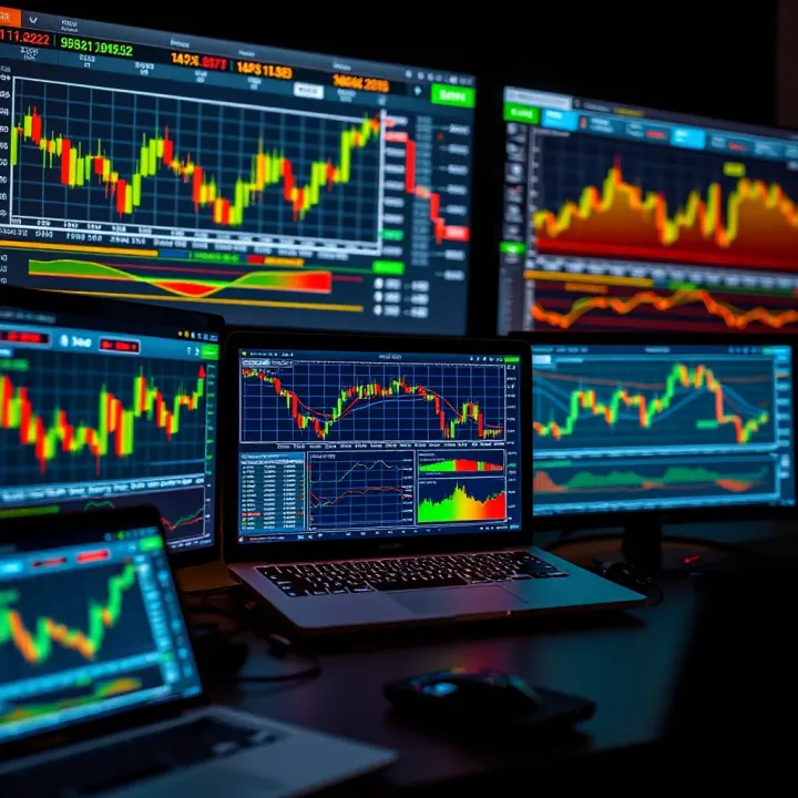 Digital tools and charts displaying forex market data on multiple screens